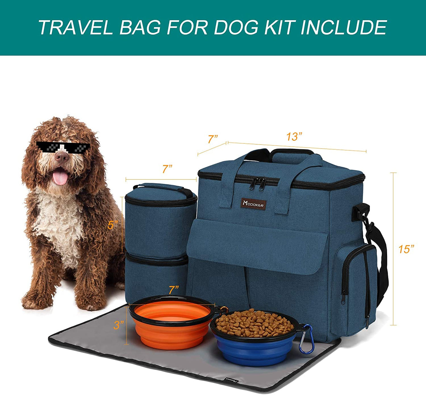 Dog Travel Bag, Weekend Pet Travel Set for Dog and Cat, Airline Approved Tote Organizer with Multi-Function Pockets, 2 Food Storage Containers, 2 Collapsible Bowls, 1 Feeding Mat (Blue)